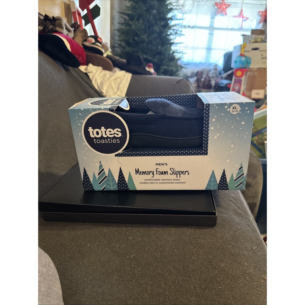 TOTES Toasties Mens XL Navy Memory Foam Slippers NEW in BOX NIB